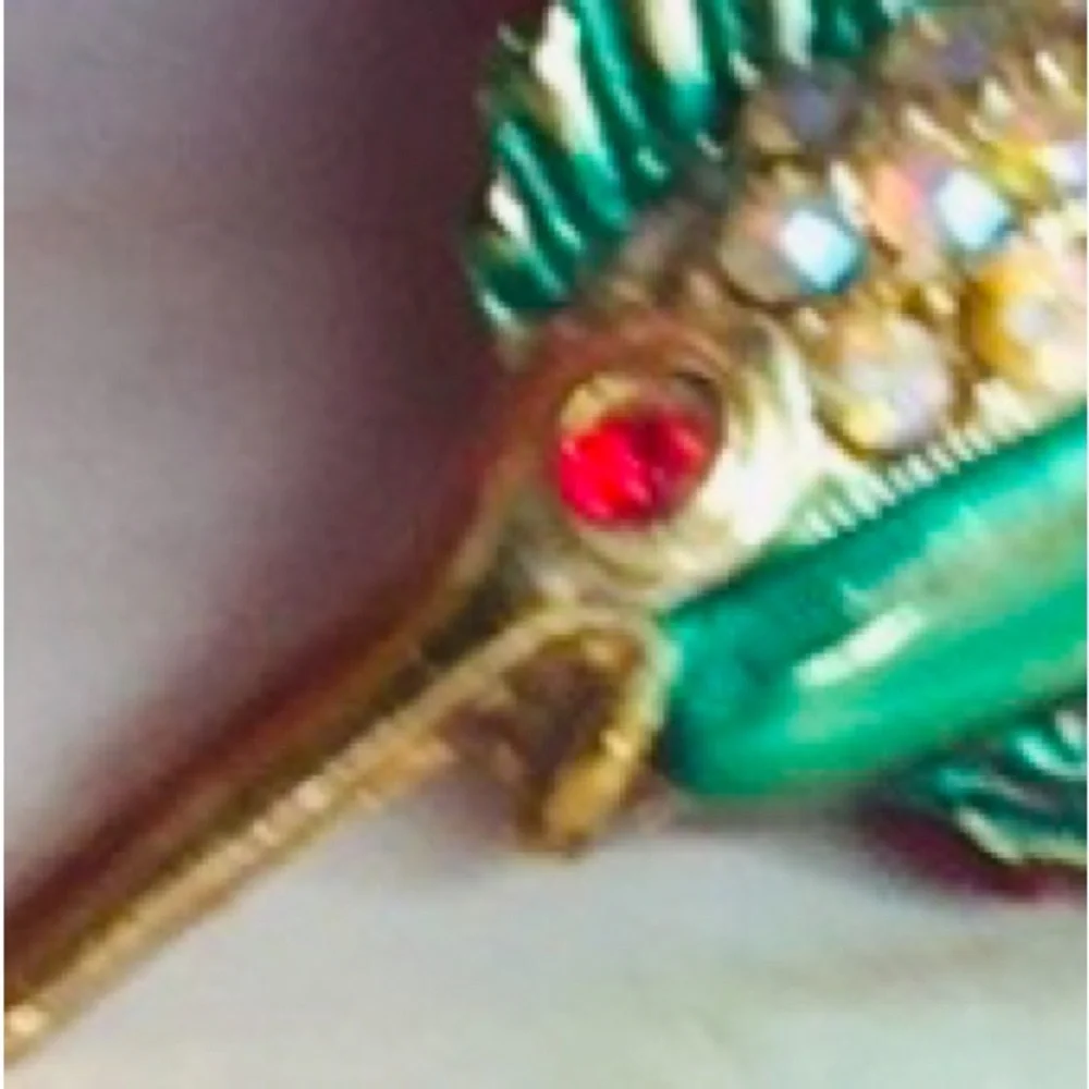 Vintage 50s Gold and Green Aurora Borealis Enamel  Rhinestone Sailfish Brooch